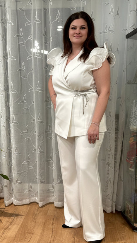 White Puff Sleeve Blazer Suit Set - Elegant Two-Piece Formal Outfit