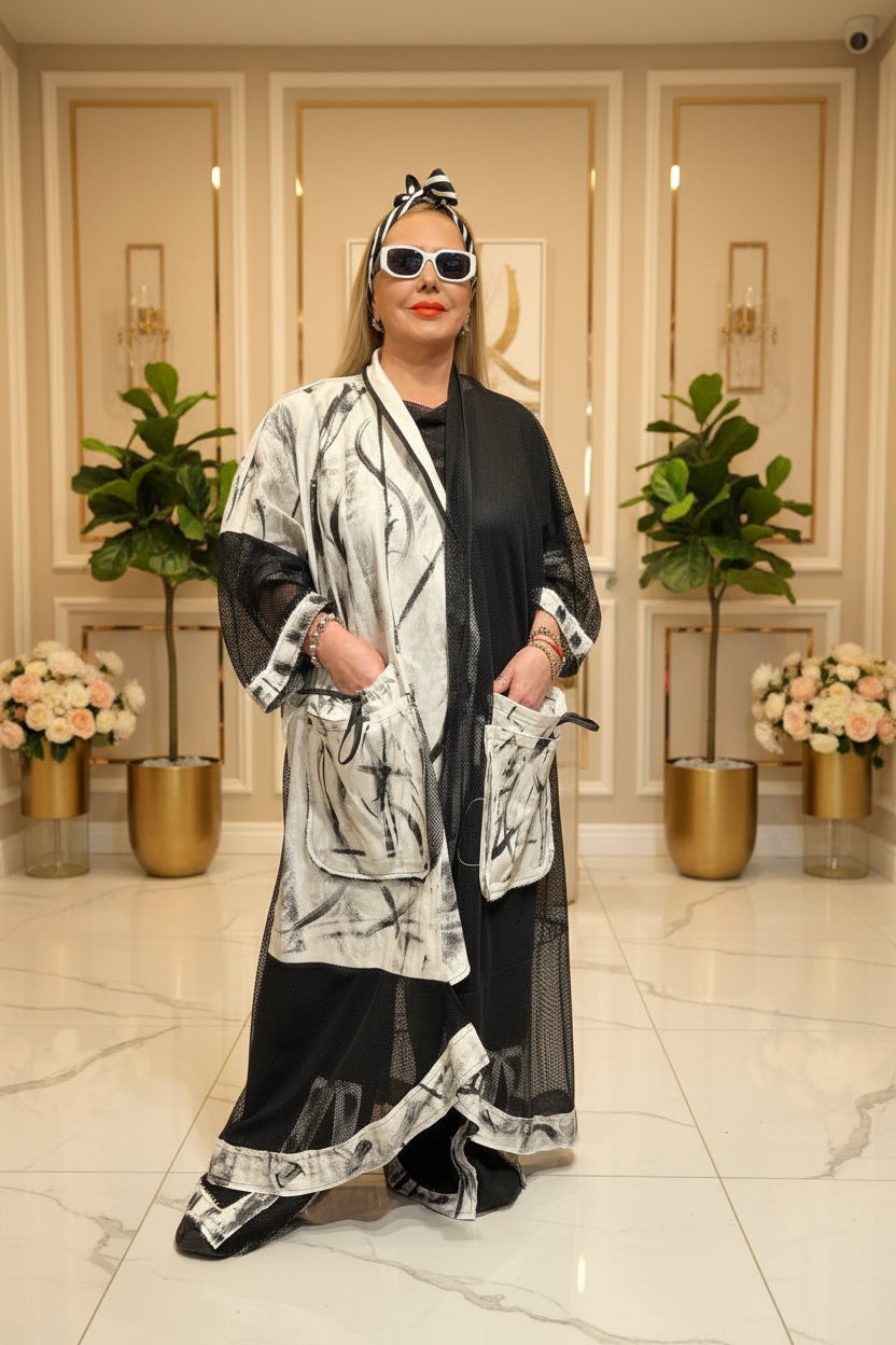 Abstract Print Three-Piece Set – Mesh Long Cardigan, Top & Wide-Leg Pants