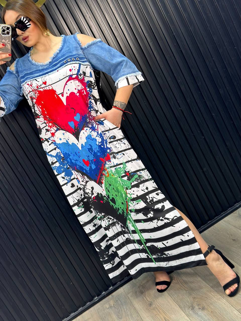 Colorful Cityscape Cold-Shoulder Maxi Dress
