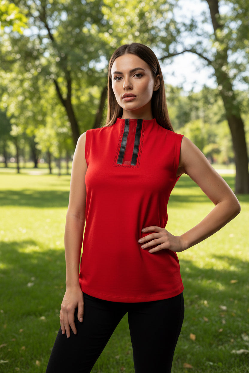 Red Sleeveless Top with Black Trim – Elegant Women’s Blouse