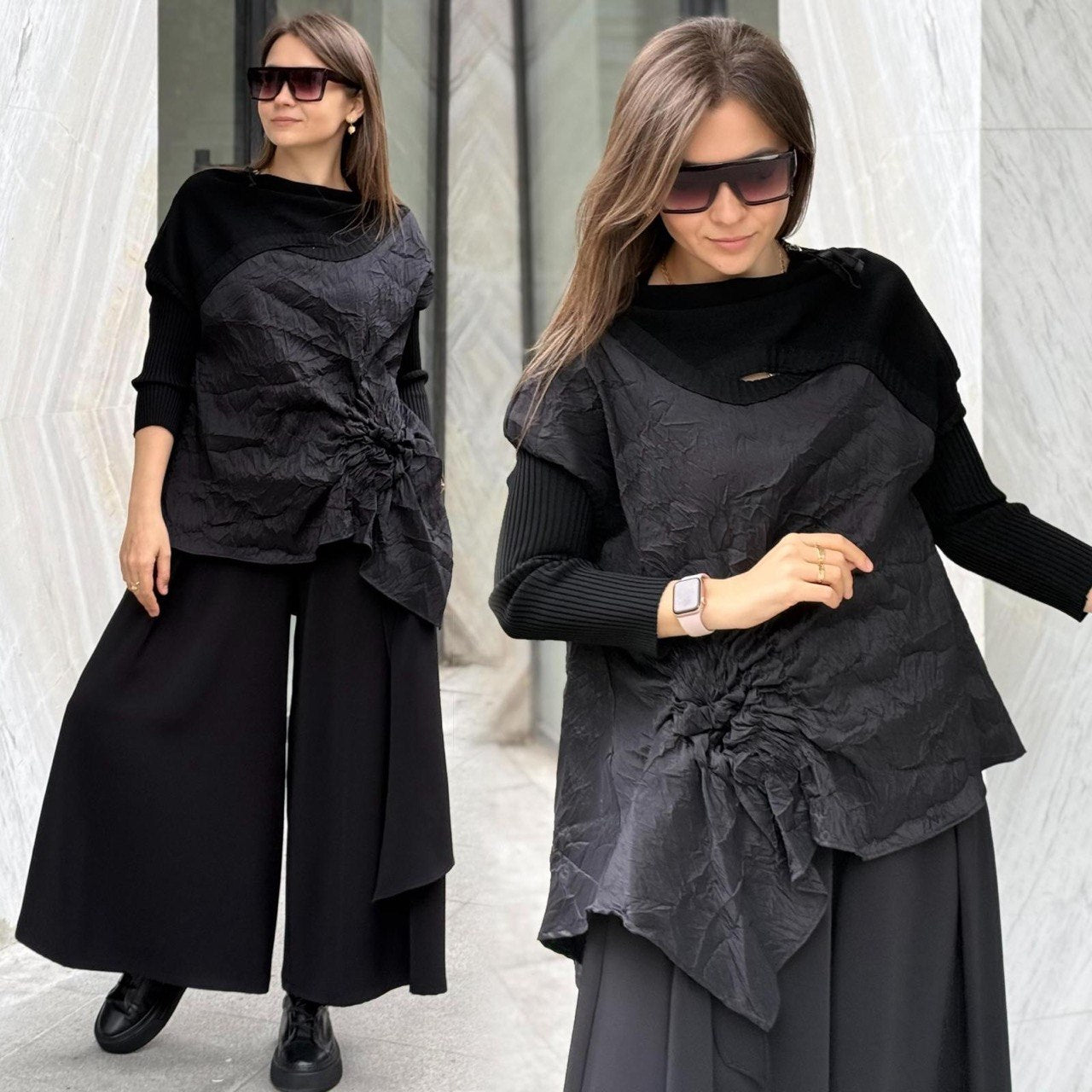 Bize Chic Tunic with Knitted Sleeves & Shoulder Zipper