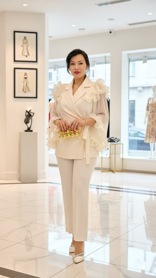 Ivory Luxe Ruffle Sleeve Pant Set Suit