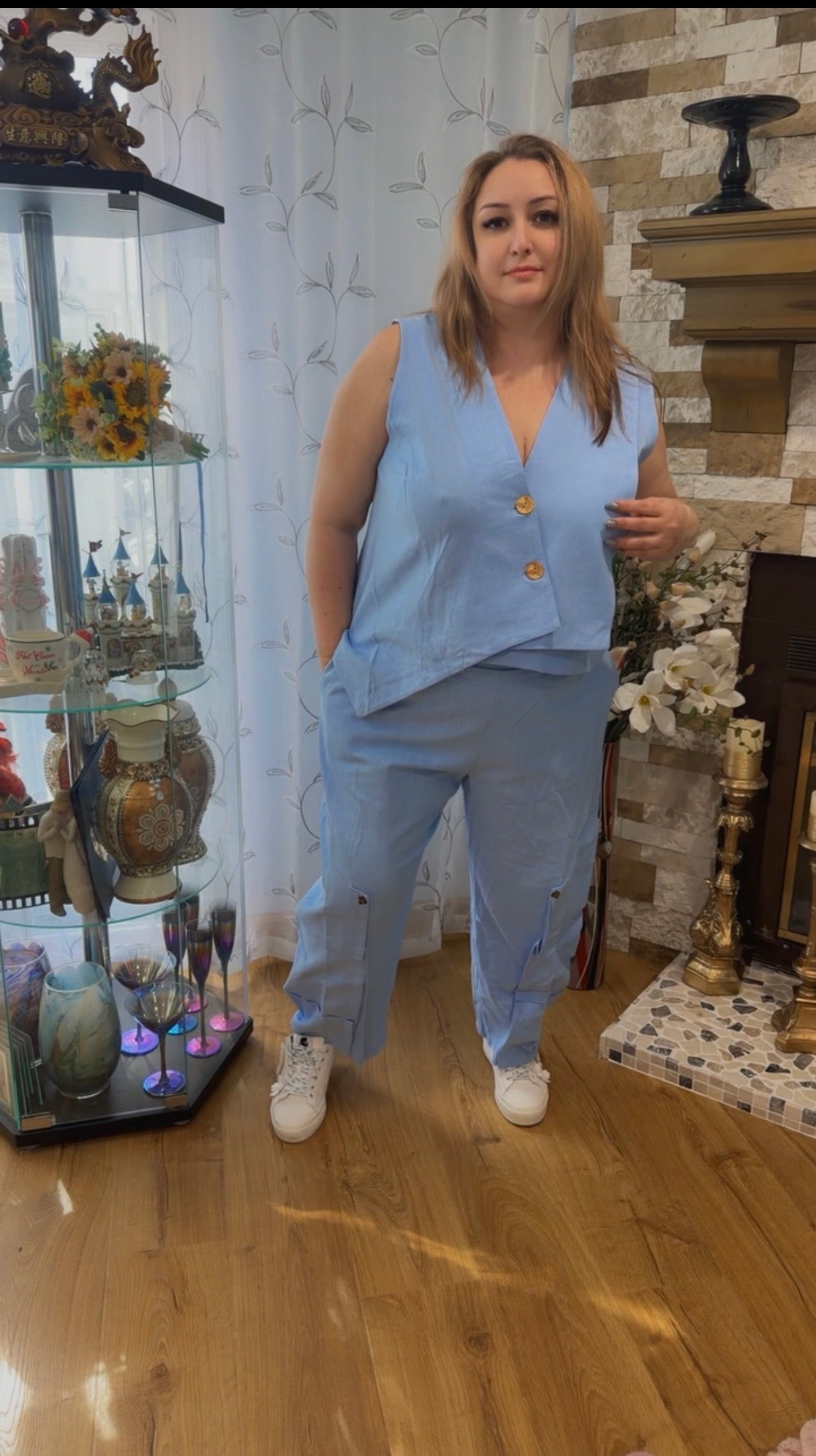 Women's Sleeveless Two-Piece Linen Set - Sky Blue