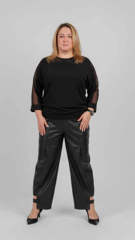Black Sheer Mesh Sleeve Top – Elegant Plus Size Blouse
