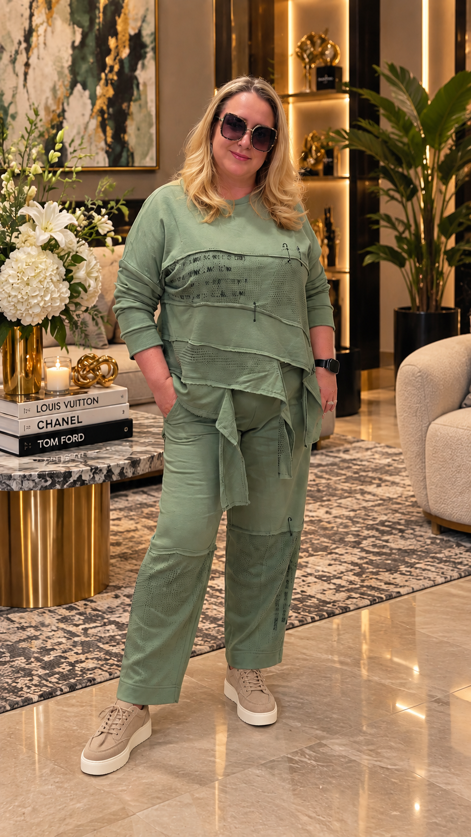 Sage Green Asymmetrical Mesh Detail Two-Piece Suit