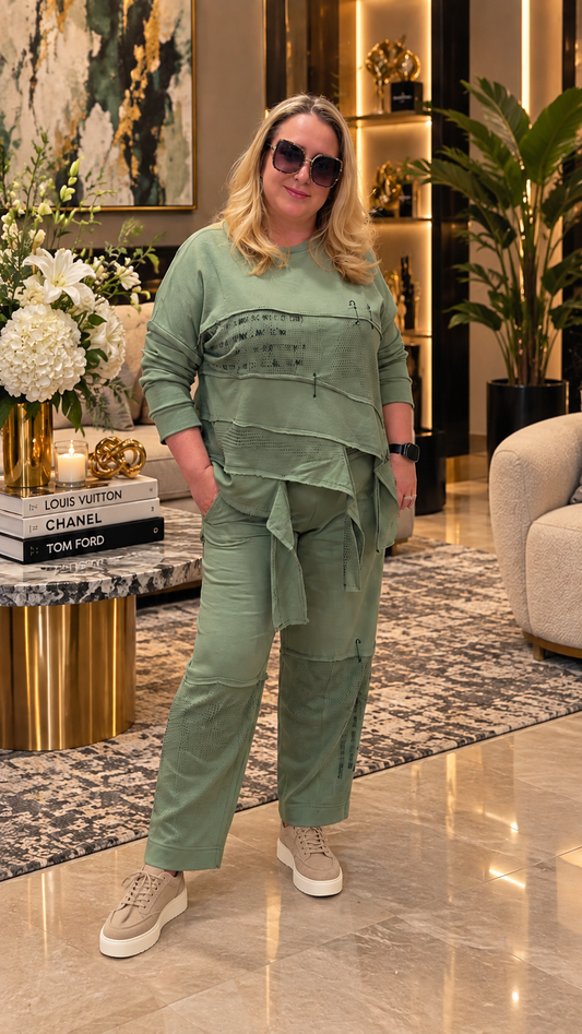Sage Green Asymmetrical Mesh Detail Two-Piece Suit