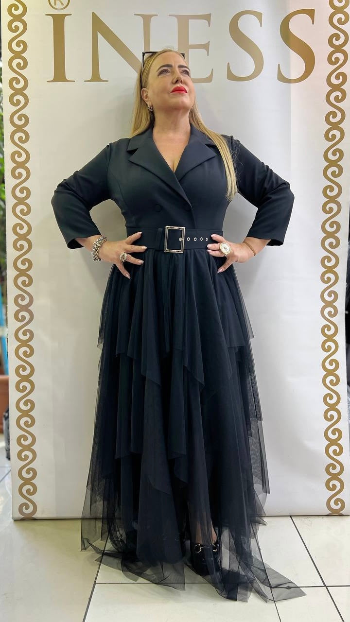 Izar Maxi Shirt Dress with Tulle Layered Skirt