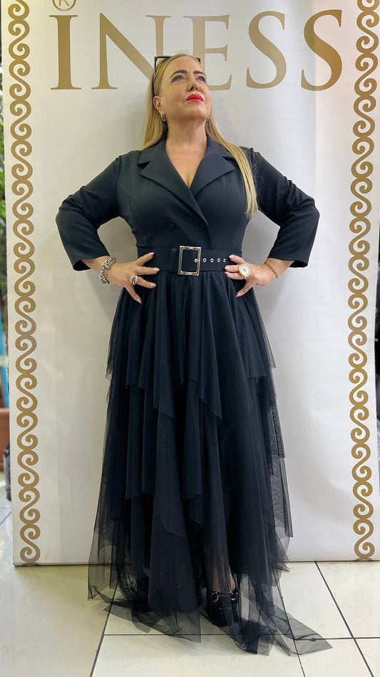 Izar Maxi Shirt Dress with Tulle Layered Skirt