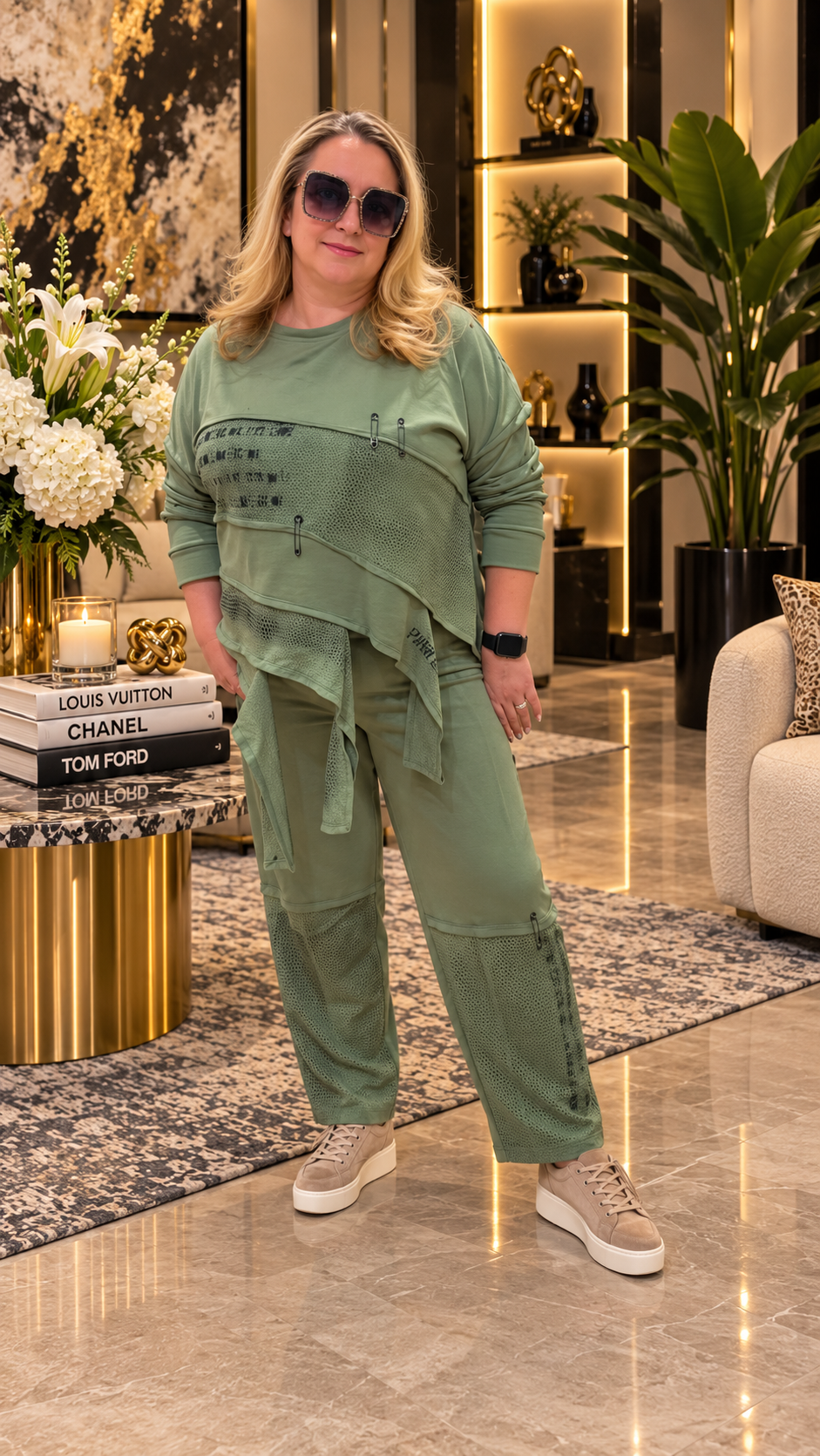 Sage Green Asymmetrical Mesh Detail Two-Piece Suit