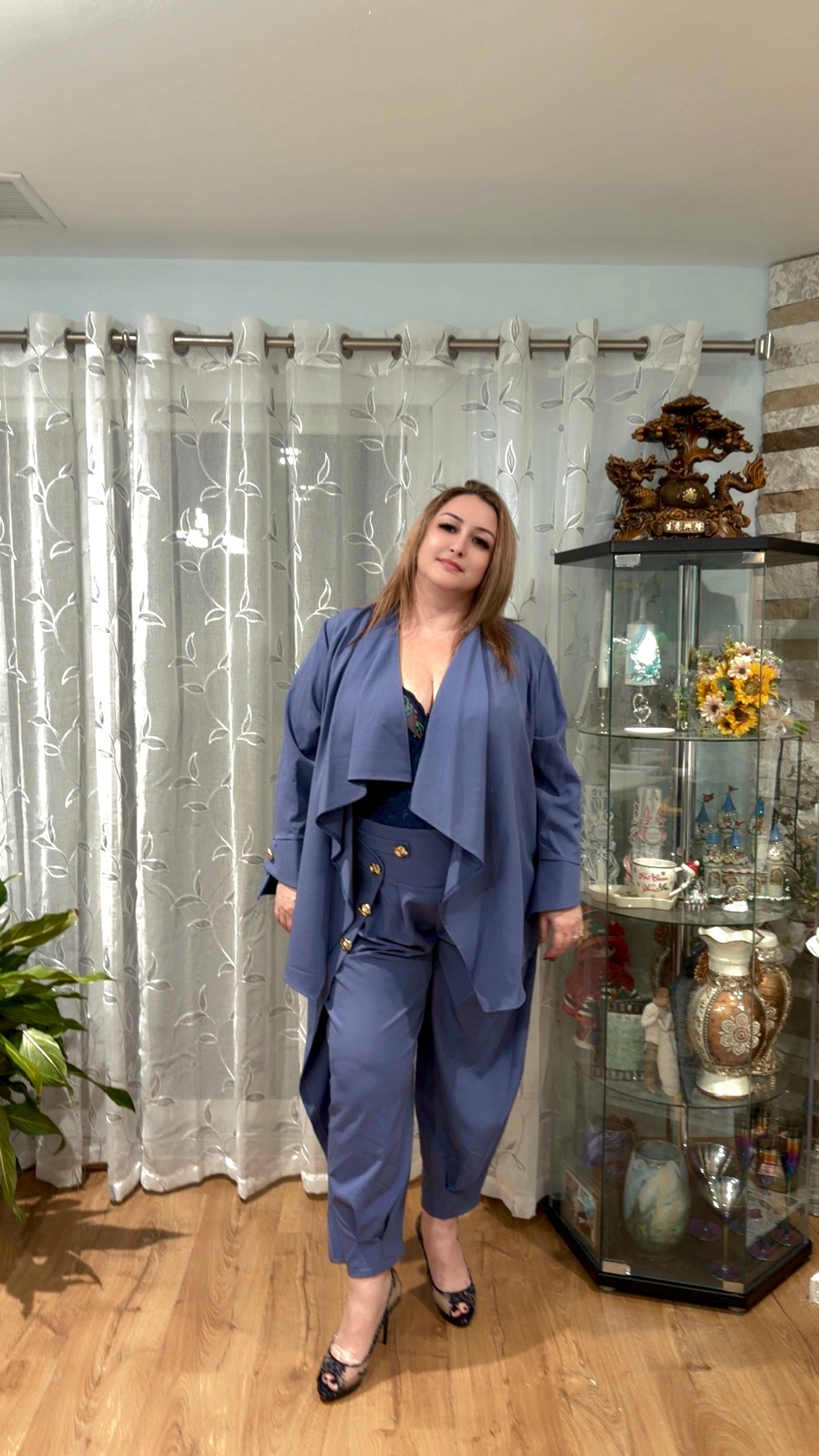 Midnight Elegance Draped Set – Steel Blue