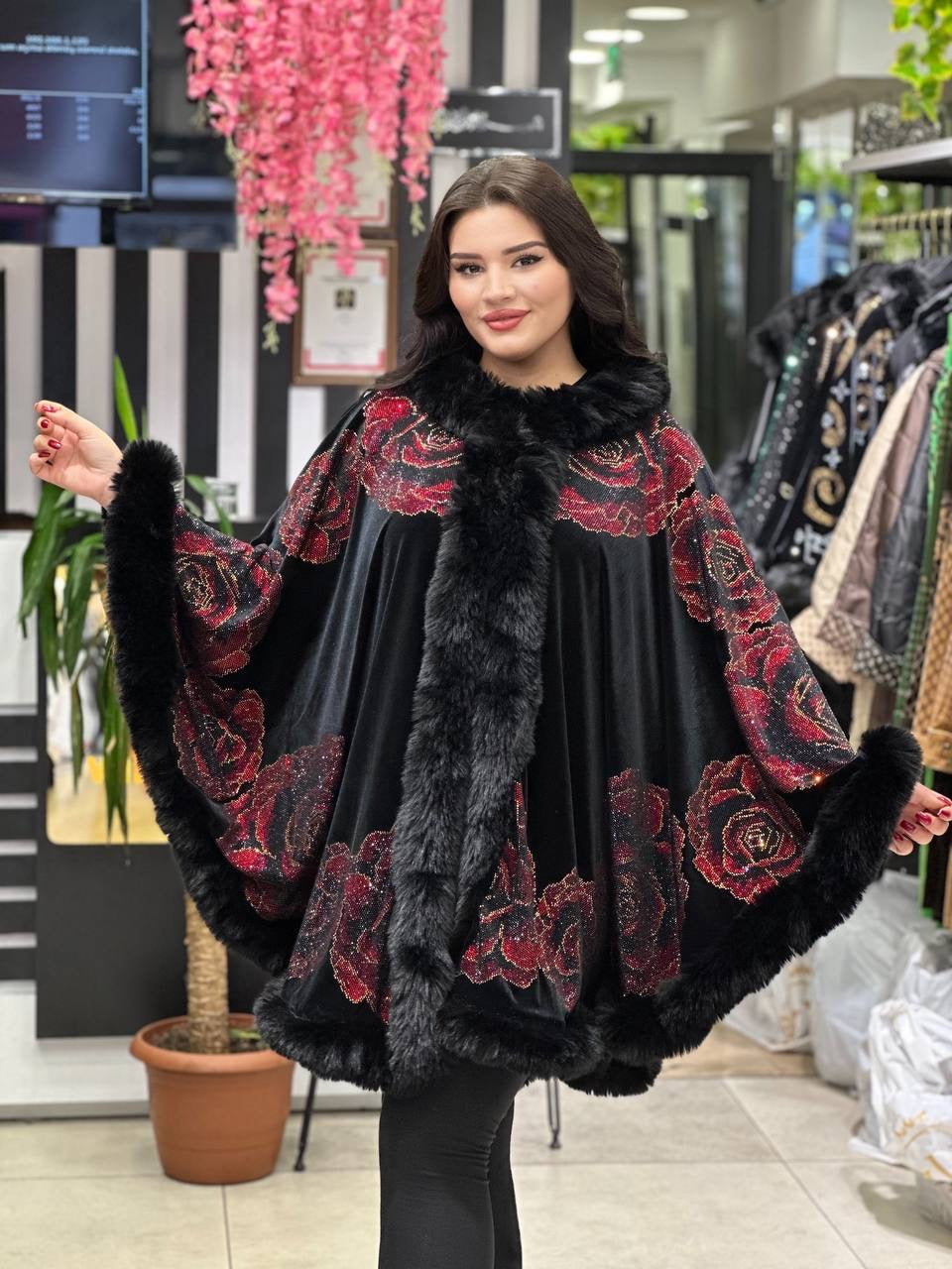 Velour Poncho with Faux Fur & Sparkling Red Roses Design