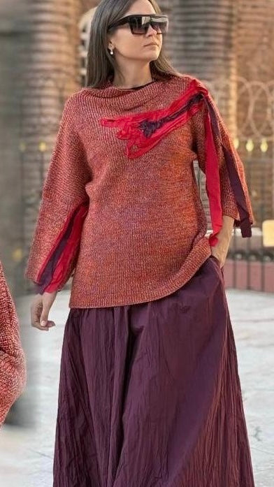 Bize Vibrant Yarn Sweater with Decorative Ribbons