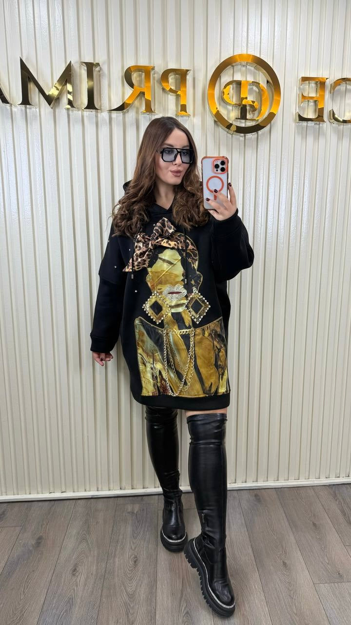 Riberance Oversized Hoodie Dress with Bold Print