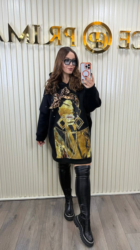 Riberance Oversized Hoodie Dress with Bold Print