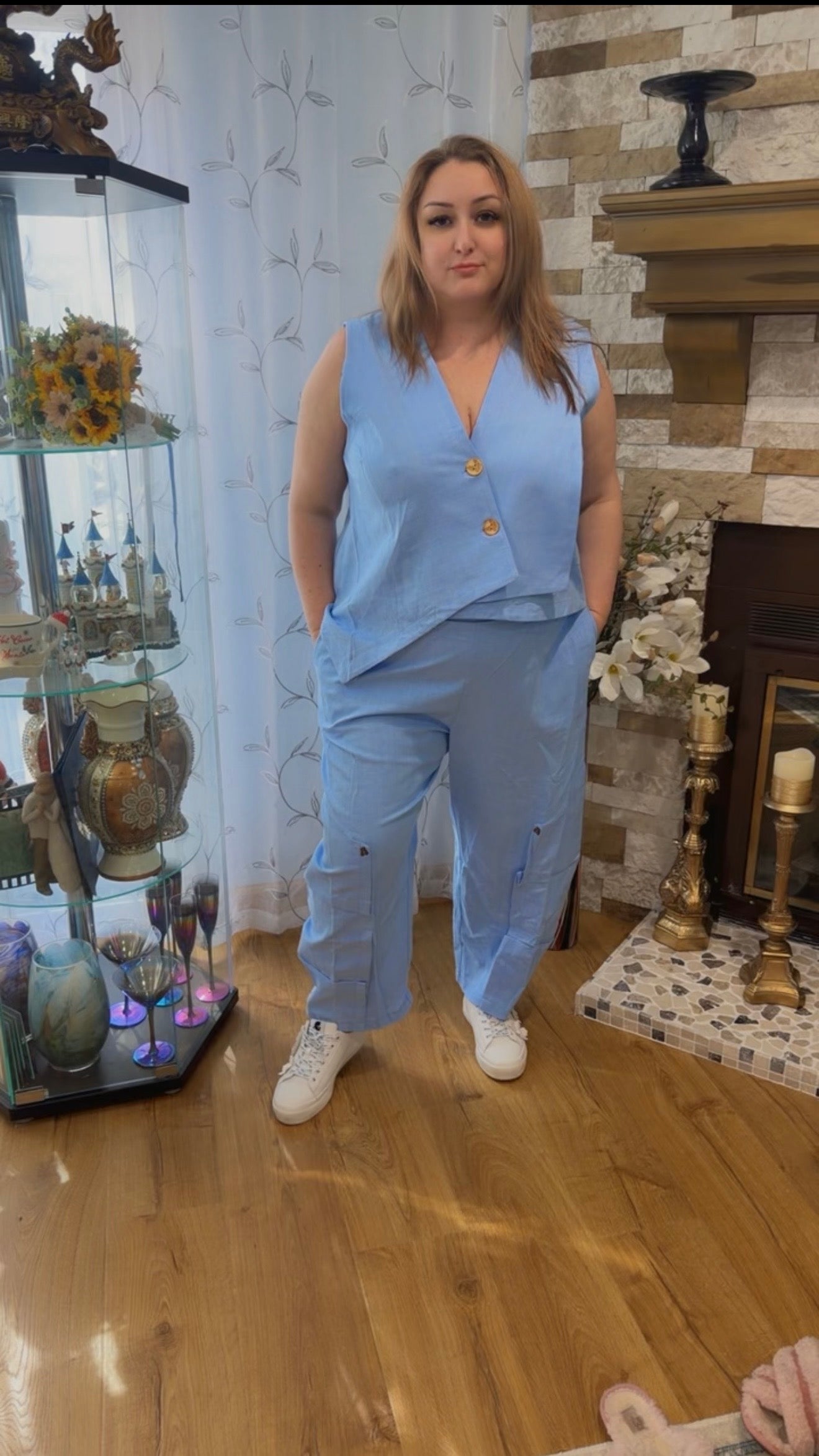 Women's Sleeveless Two-Piece Linen Set - Sky Blue