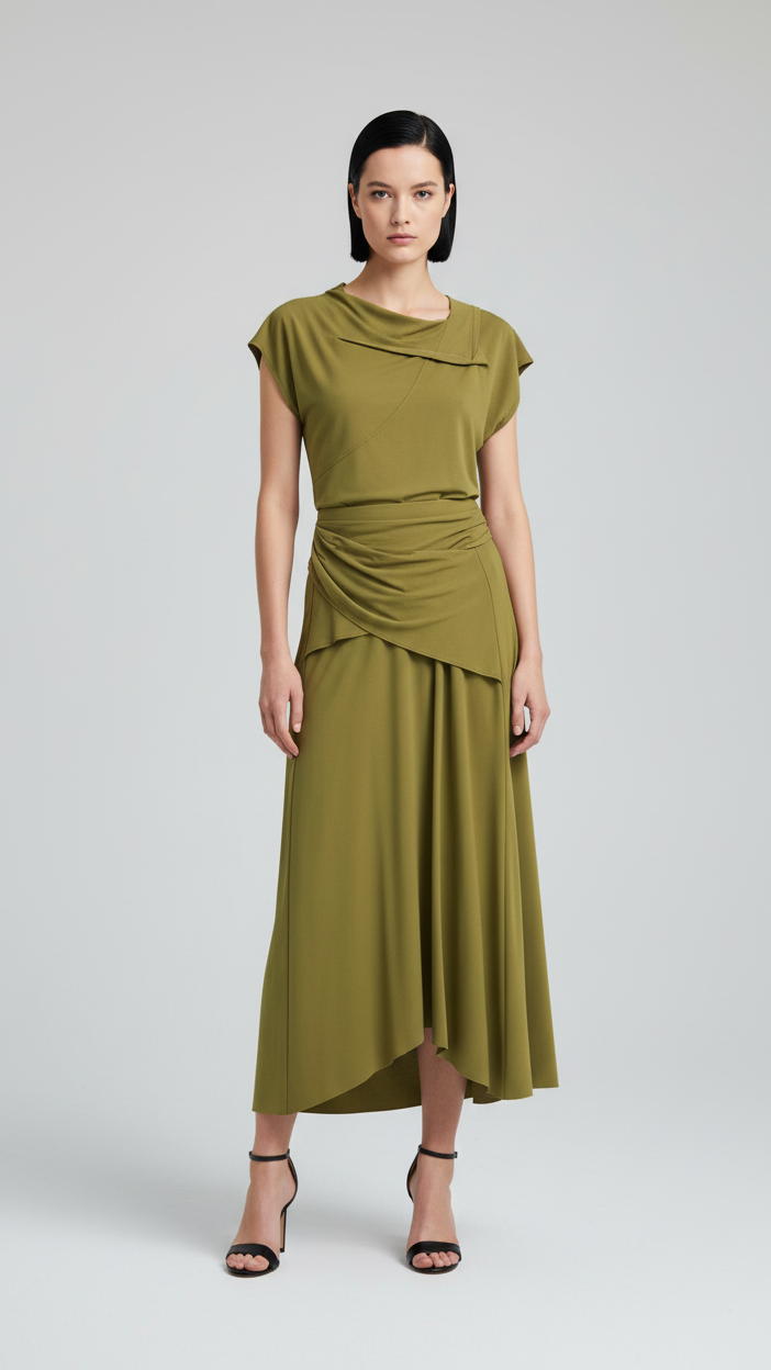 Olive Luxe Butter-Soft Two-Piece Set – Draped Top & Flowing Midi Skirt