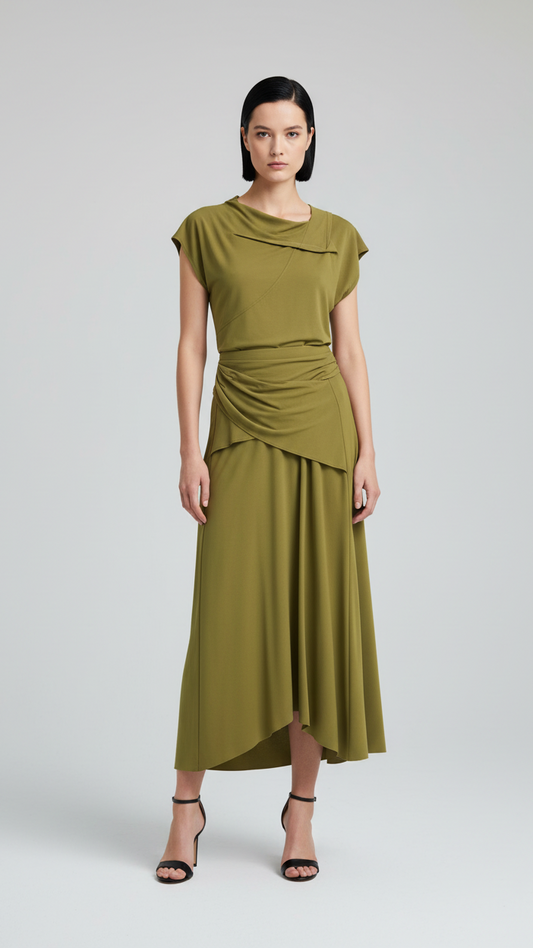 Olive Luxe Butter-Soft Two-Piece Set – Draped Top & Flowing Midi Skirt