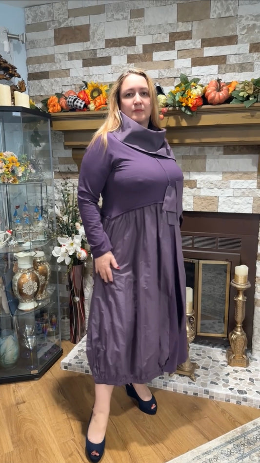 Bize Knitted Purple Dress with Taffeta Skirt & Removable Collar