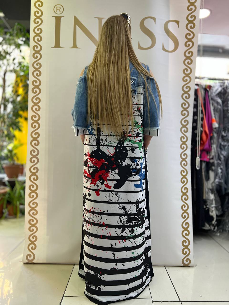 Colorful Cityscape Cold-Shoulder Maxi Dress