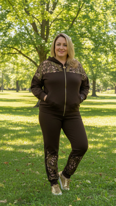 Brown Laser-Cut Rhinestone Two-Piece Set – Elegant Plus Size Matching Outfit