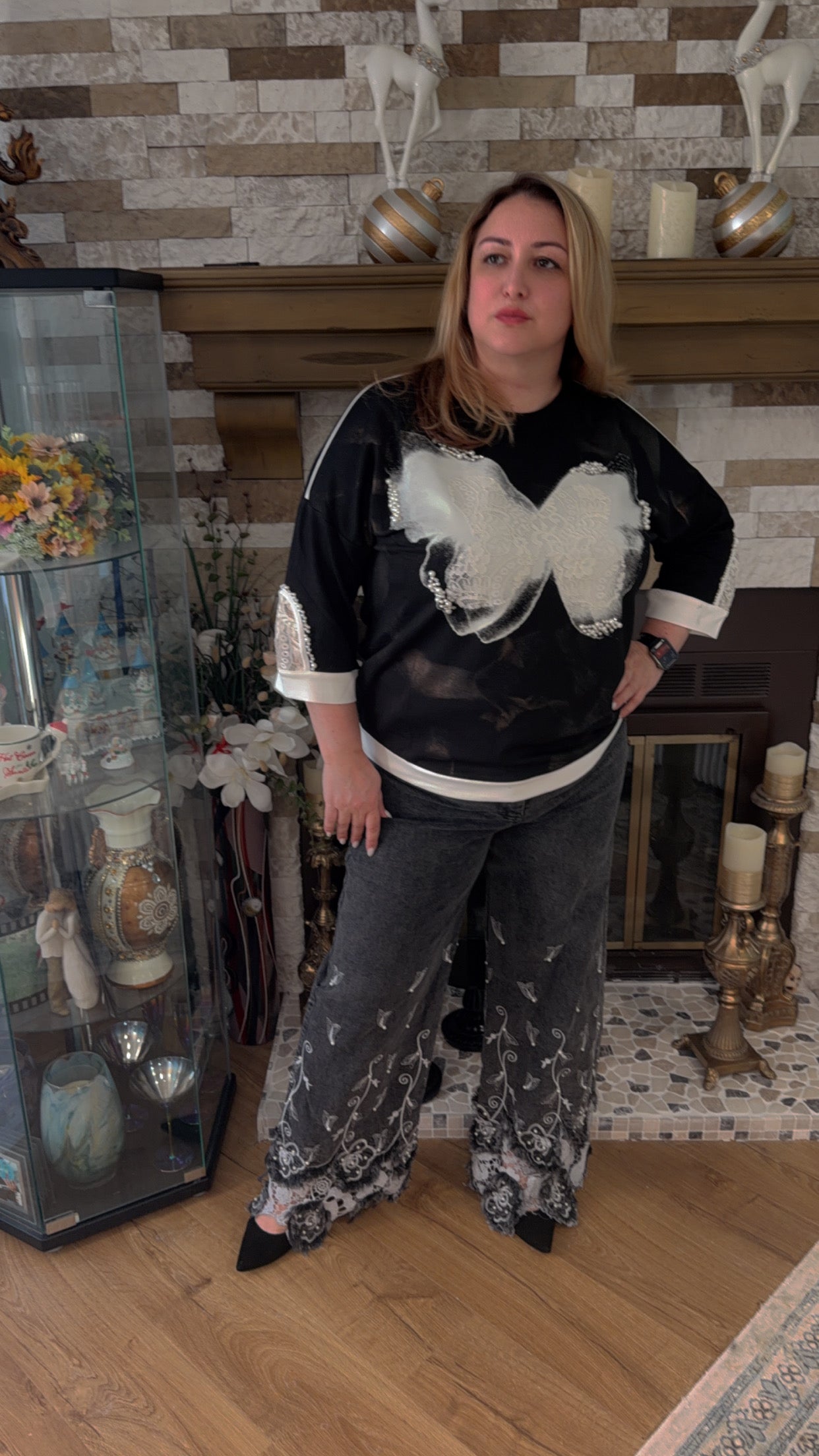 Gray Embroidered Lace Hem Jeans – Elegant Statement Denim Pants