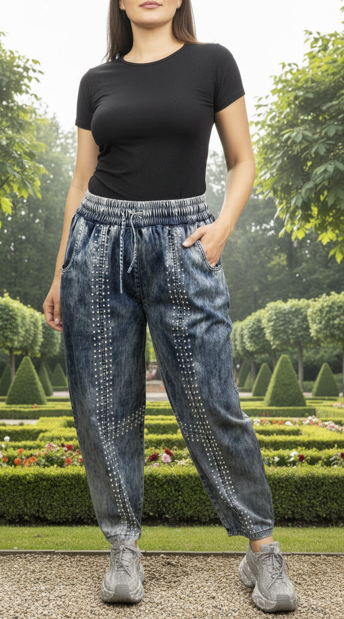 Luxury Tencel Banana Jeans with Crystal Detail