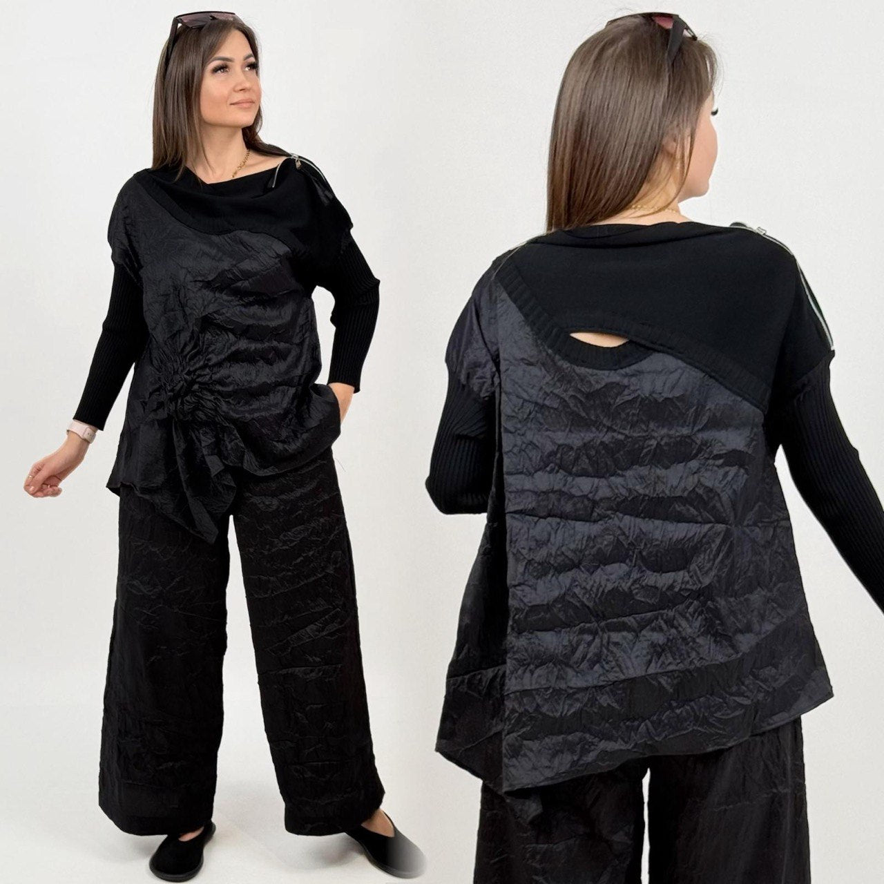 Bize Chic Tunic with Knitted Sleeves & Shoulder Zipper