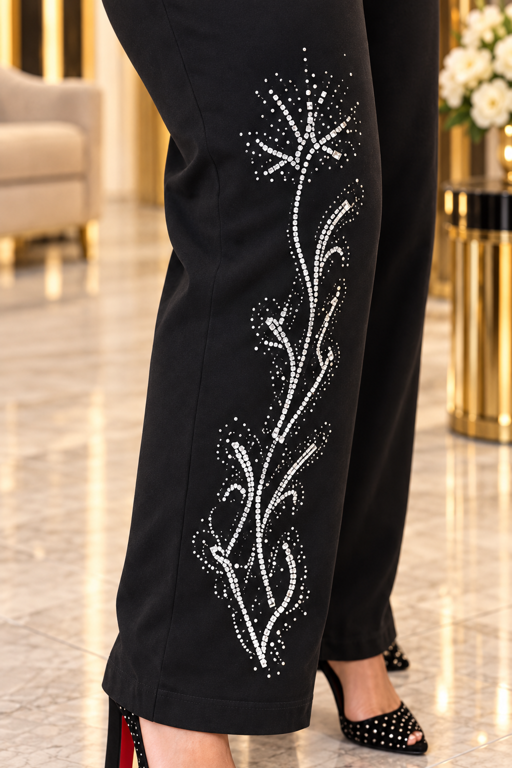 Black Wide-Leg Jeans with Silver Botanical Detail