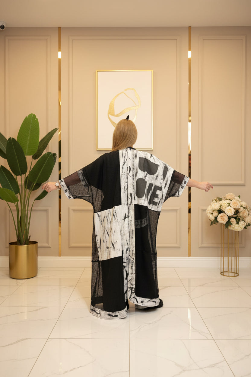 Abstract Print Three-Piece Set – Mesh Long Cardigan, Top & Wide-Leg Pants