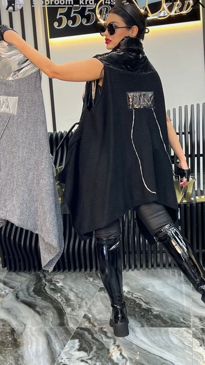 Metallic Sleeveless Belted Vest with Knit Panels – Avant-Garde Layering Piece