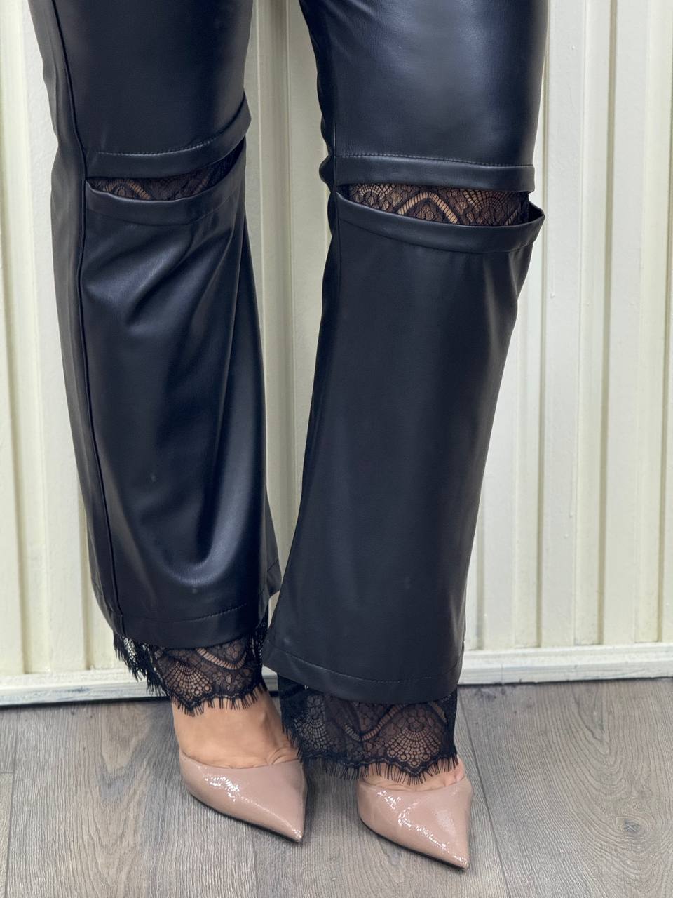 Classic Eco-Leather Pants with Lace Knee Detail