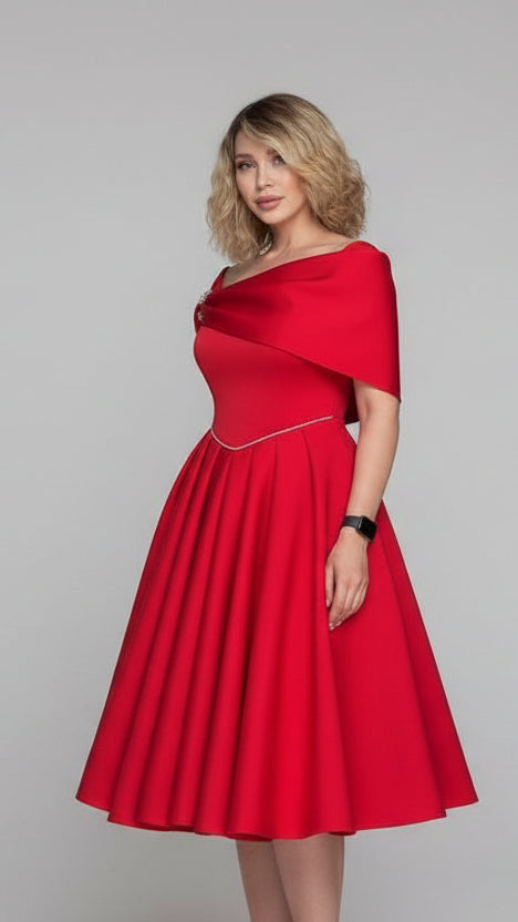 Elegant Plus Size Off-Shoulder Red Cocktail Dress with Pleated Skirt