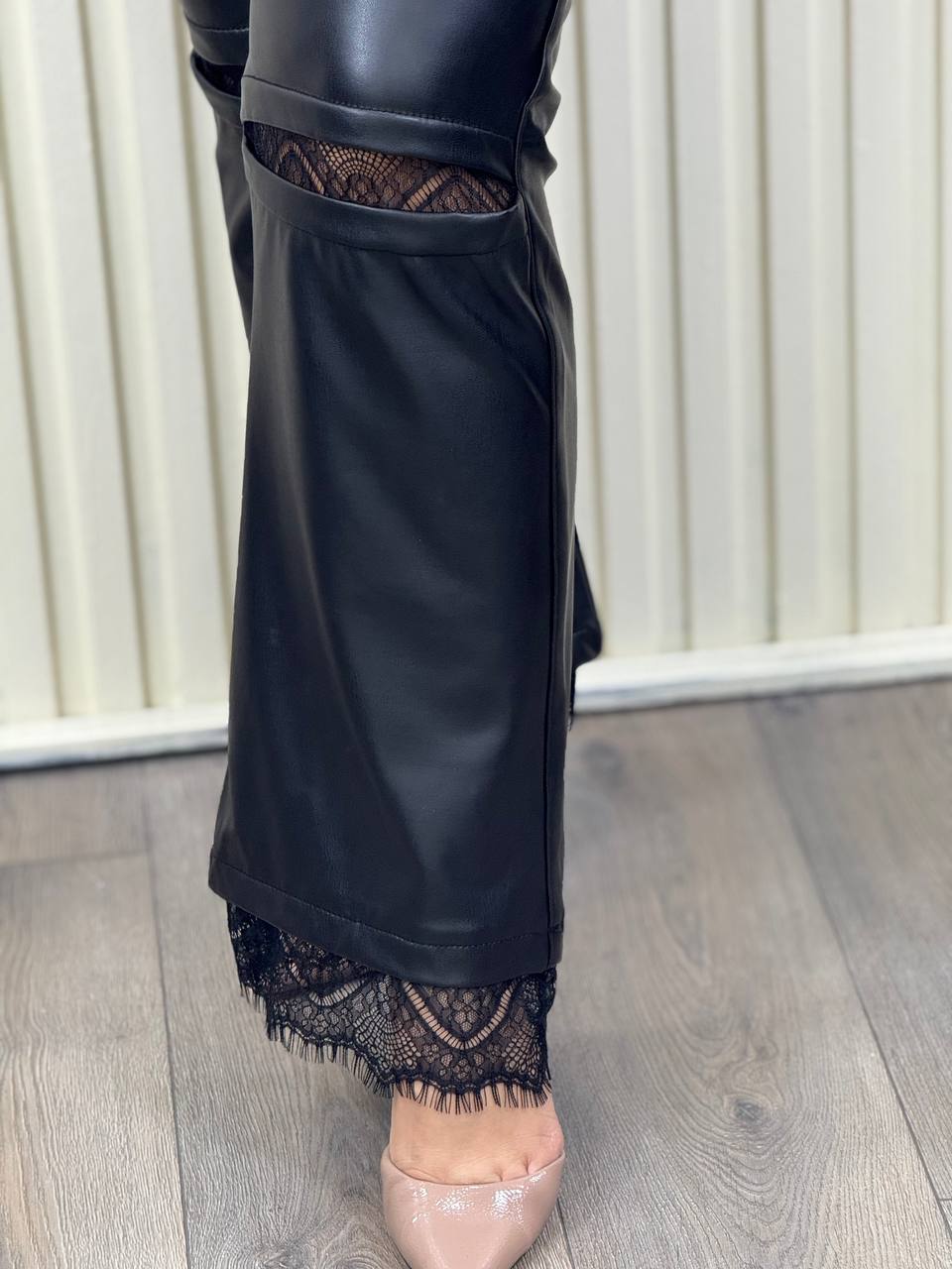 Classic Eco-Leather Pants with Lace Knee Detail