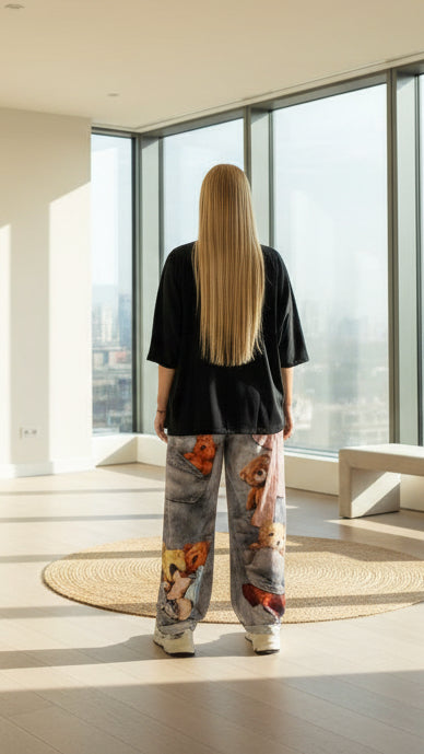 Playful Teddy Bear Patchwork Statement Pants – Relaxed Fit