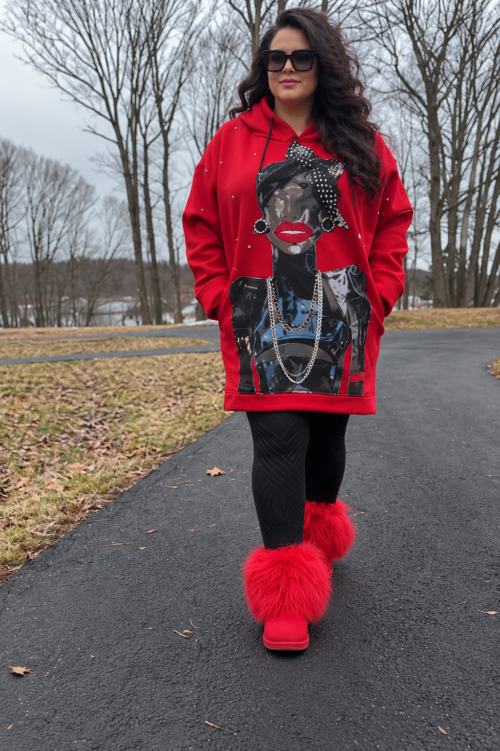 Riberance Statement Oversized Hoodie Dress with Chains, Rhinestones & 3D Bow