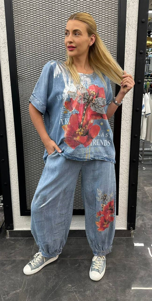Lavelina Denim Pants Set with Dragonfly and Red Flowers Design