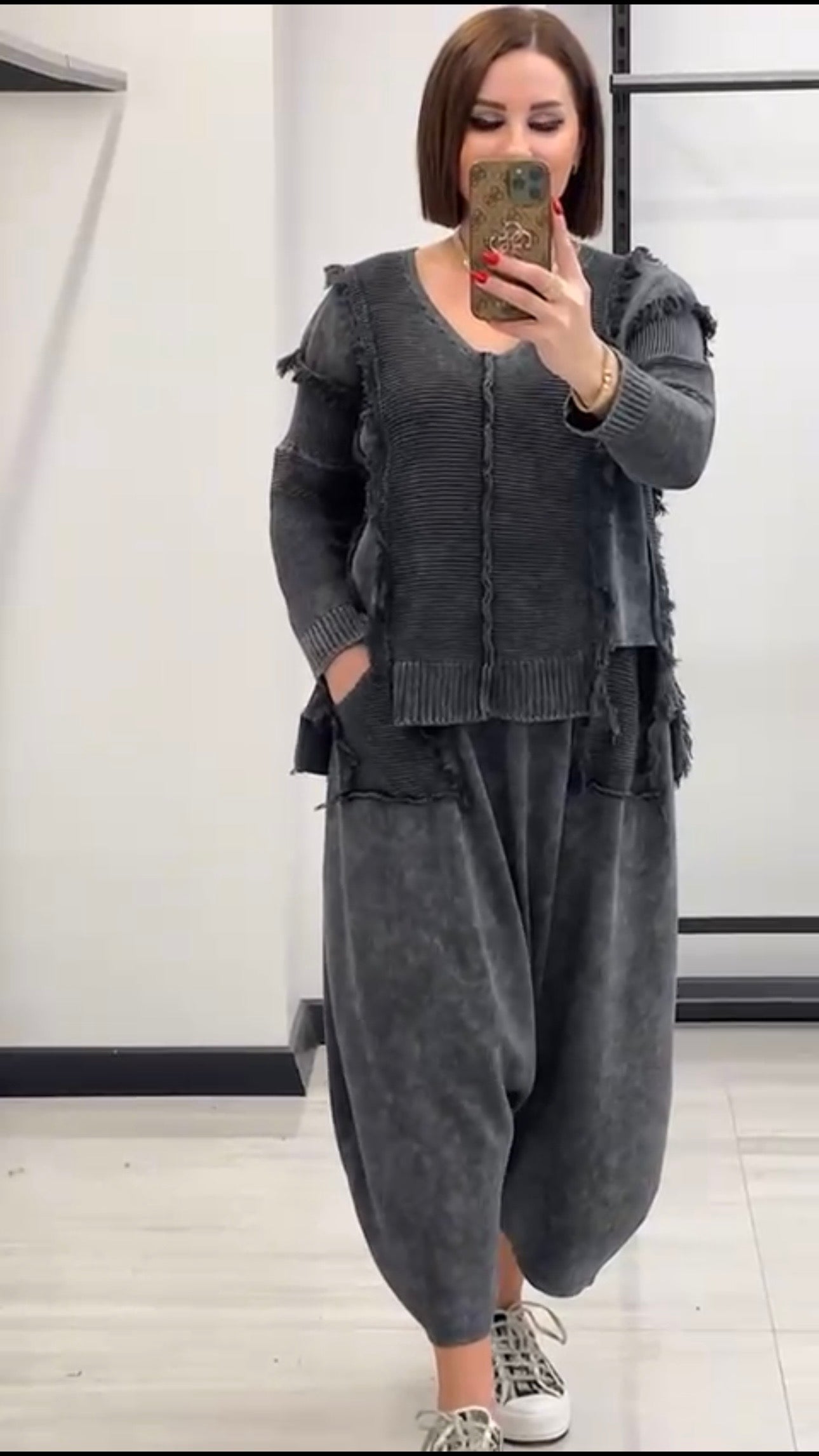 Maxlive Knitwear Top & Baggy Low-Crotch Pants Set