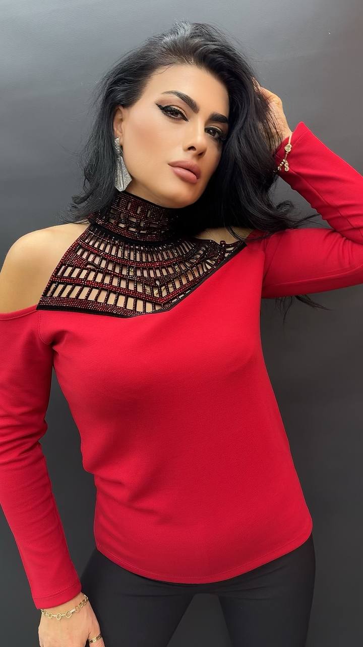 Red Cold Shoulder Top with Rhinestone Cut-Out Neckline | Women’s Statement Top