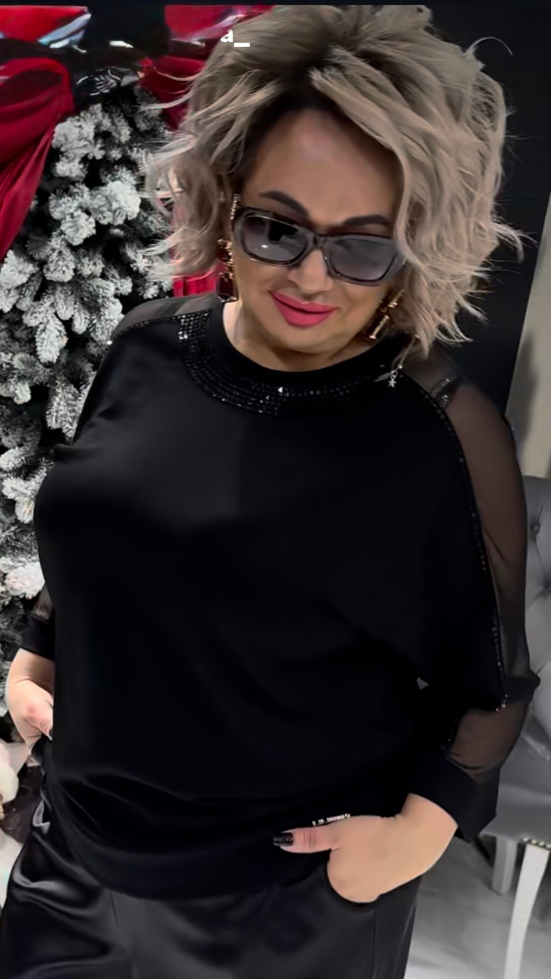 Black Sheer Mesh Sleeve Top – Elegant Plus Size Blouse