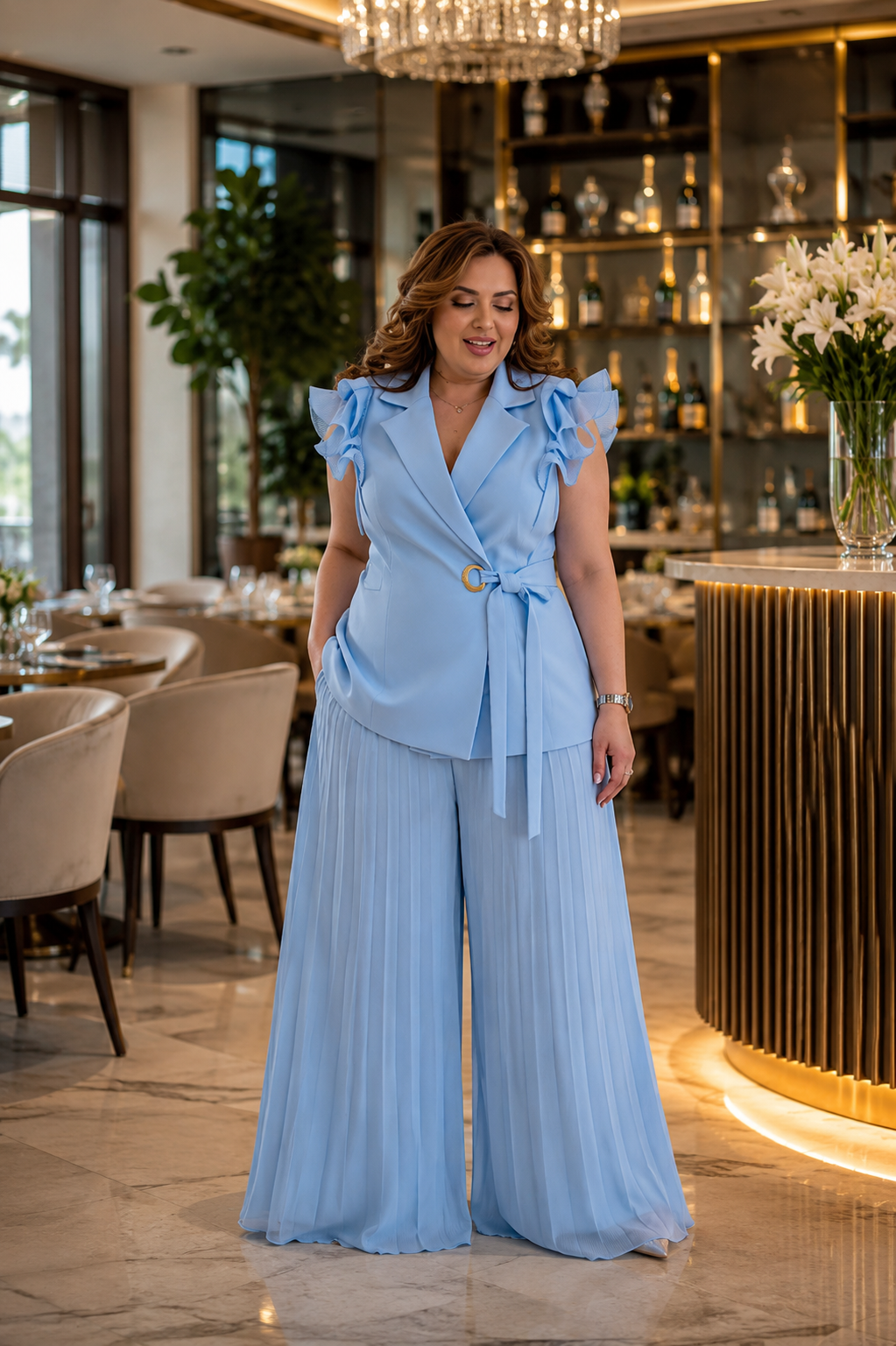Elegant Pleated Chiffon Pants Set