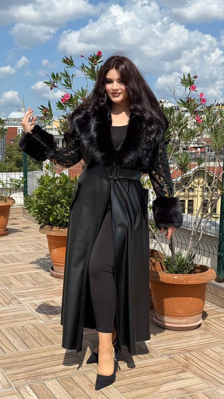 Vadi Eco Leather Coat with Lace Sleeves & Faux Fur