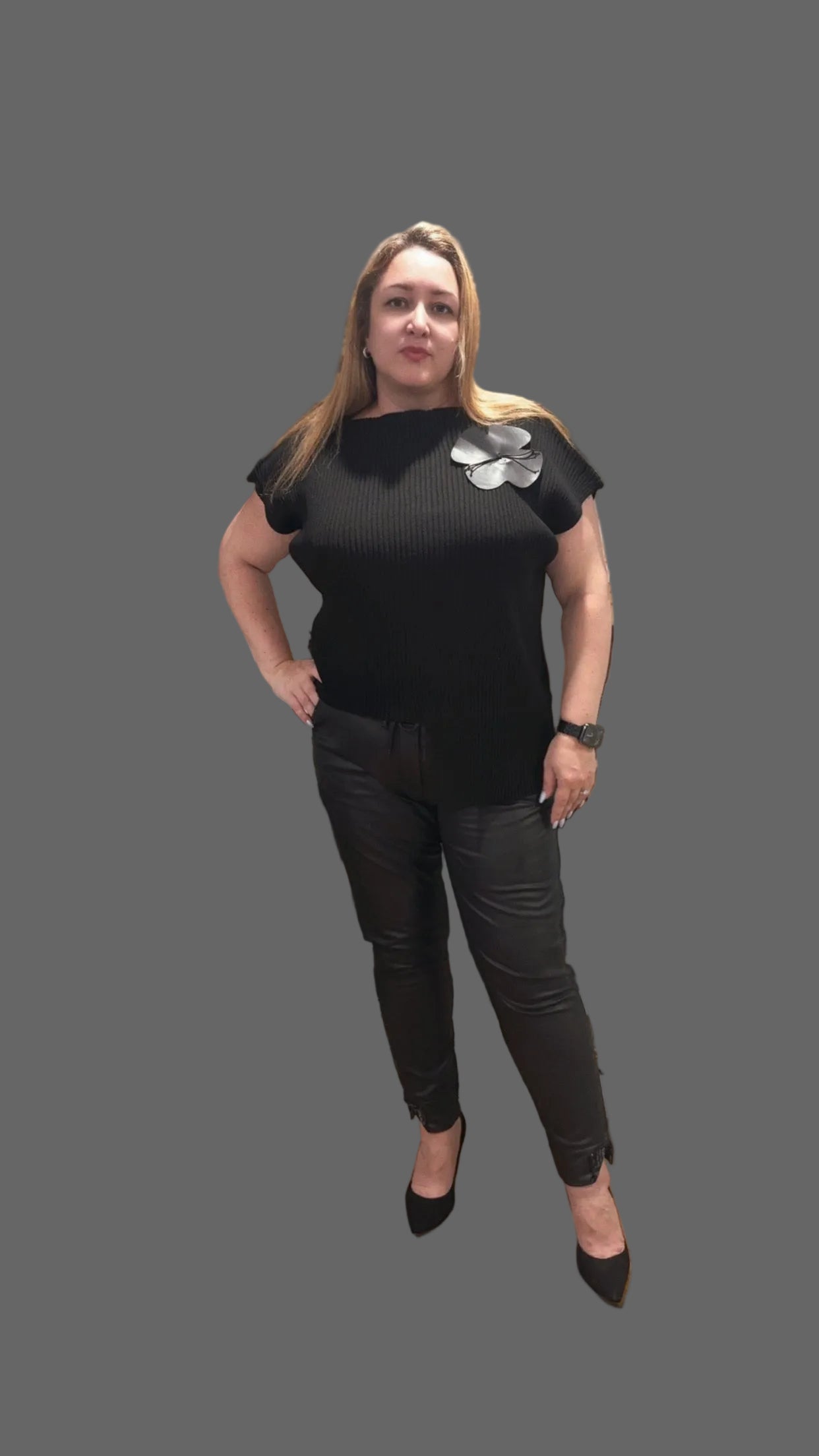 Bize Asymmetrical Knit Top with Flower Accent
