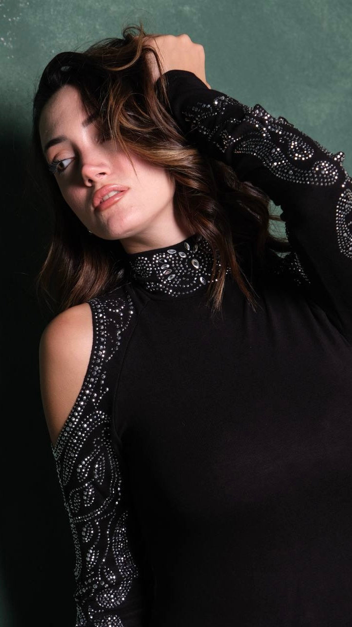 Black Cold Shoulder Rhinestone Long Sleeve Top – Elegant Women’s Statement Blouse
