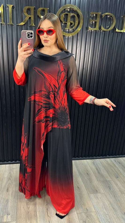 Black & Red Floral Mesh Overlay Wide-Leg Pants Set – Elegant Statement Look
