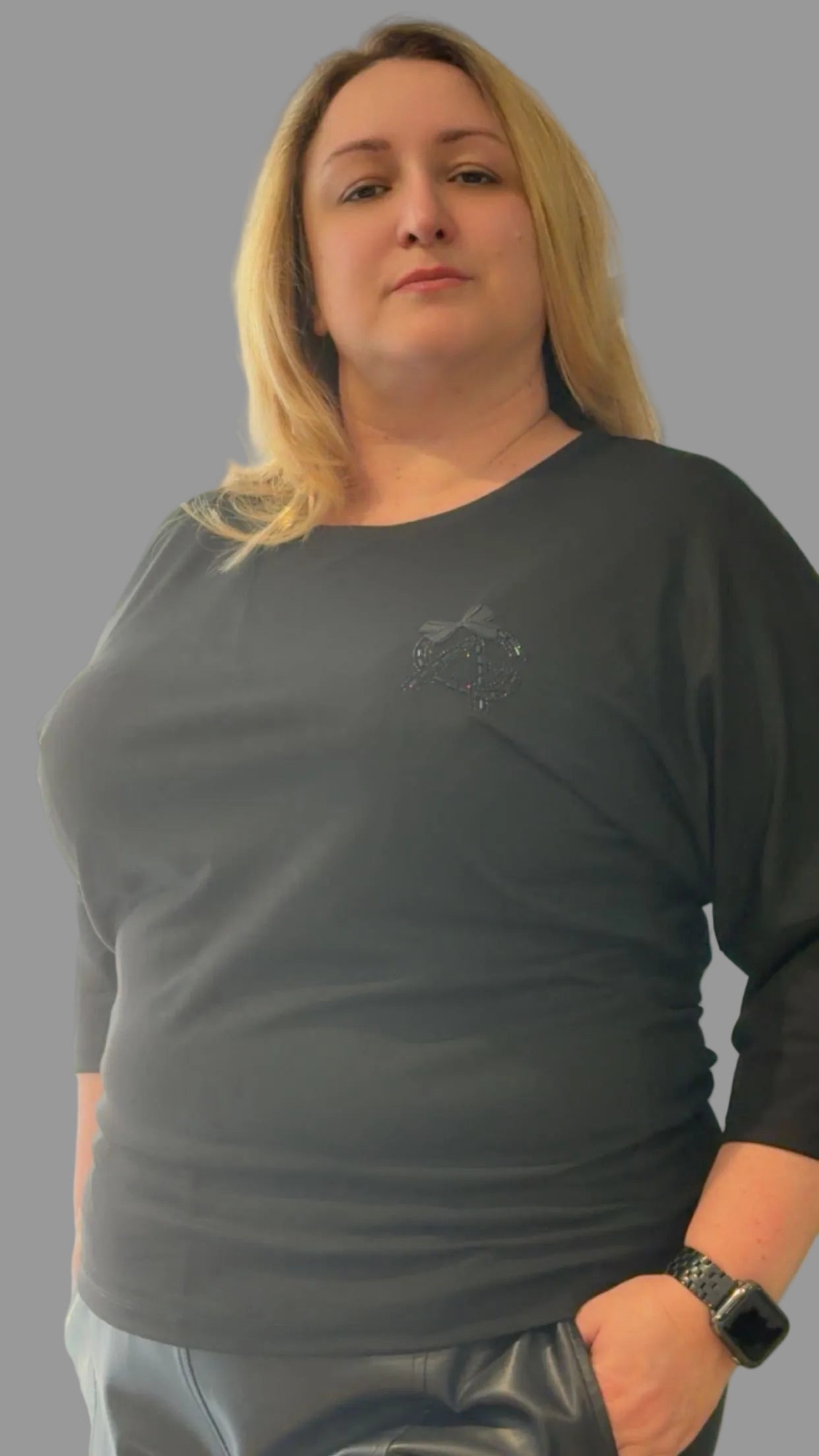 Black Stretch Shirt with 3/4 Sleeves – Elegant Plus Size Essential Top