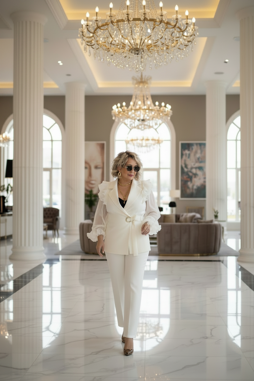 Ivory Luxe Ruffle Sleeve Pant Set Suit