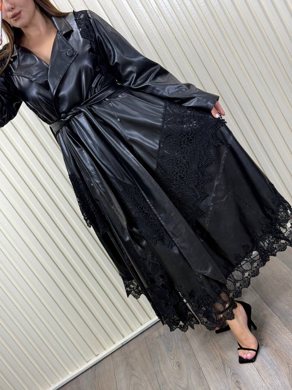 Riberance Eco Leather Dress - Trench with Lace Trim