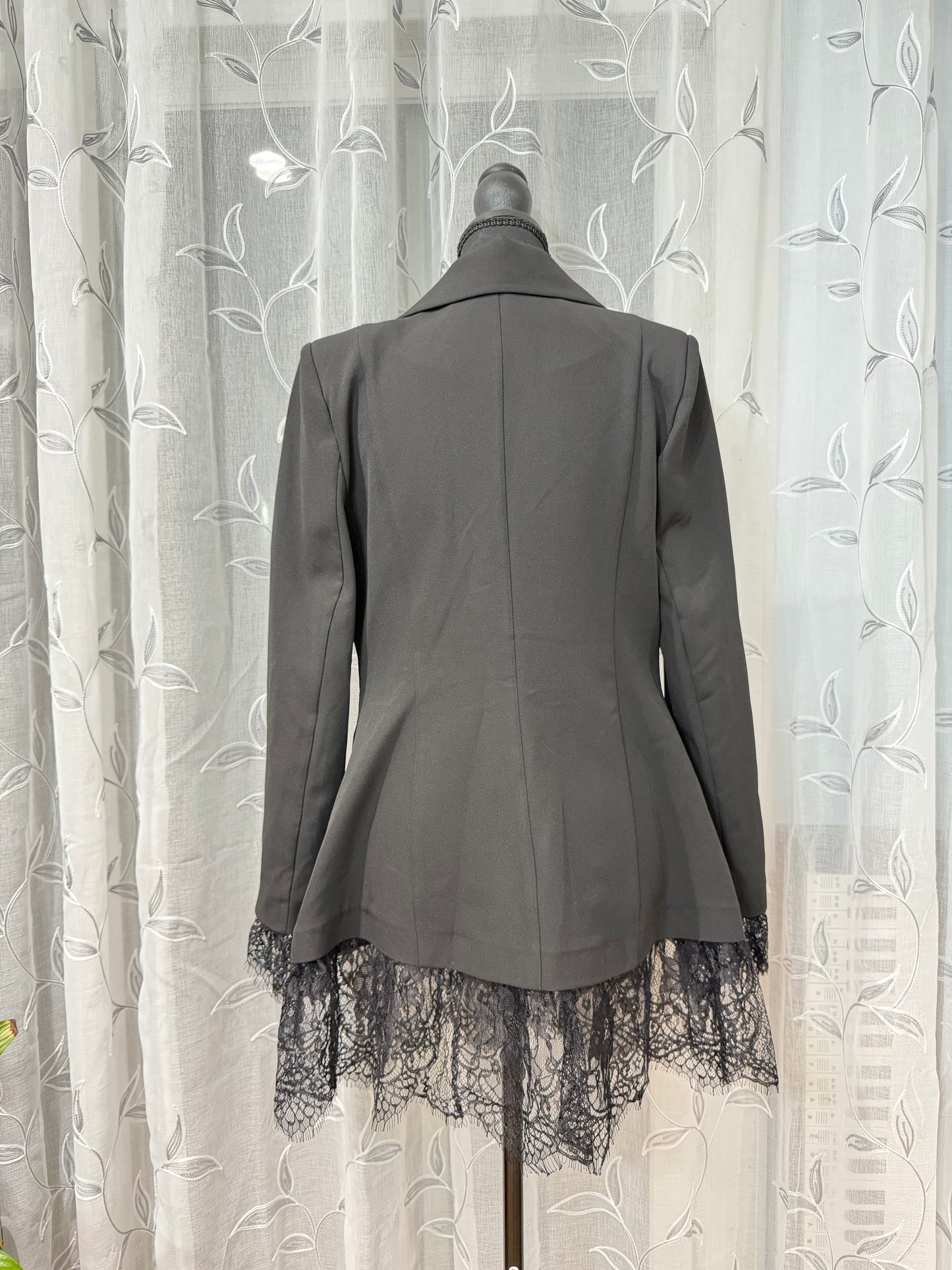 Black Fitted Blazer Dress with Lace Hem and Belted Waist - Sophisticated Tailored Style