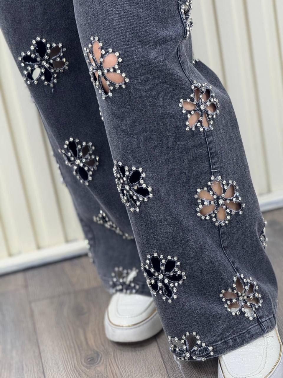 Midnight Bloom Rhinestone Cutout Jeans