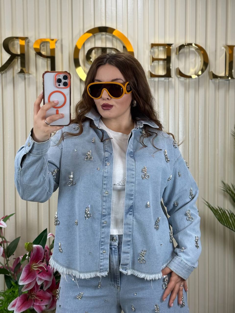 Light Blue Embellished Denim Two-Piece Set – Rhinestone Jacket & Wide Leg Jeans